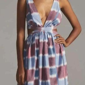 Anthropologie Deep V Blue Motif Sleeveless Tie Back Midi Dress